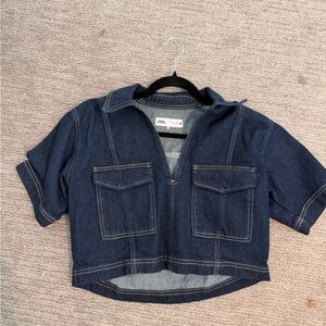 Zara Navy Denim Cropped Jacket